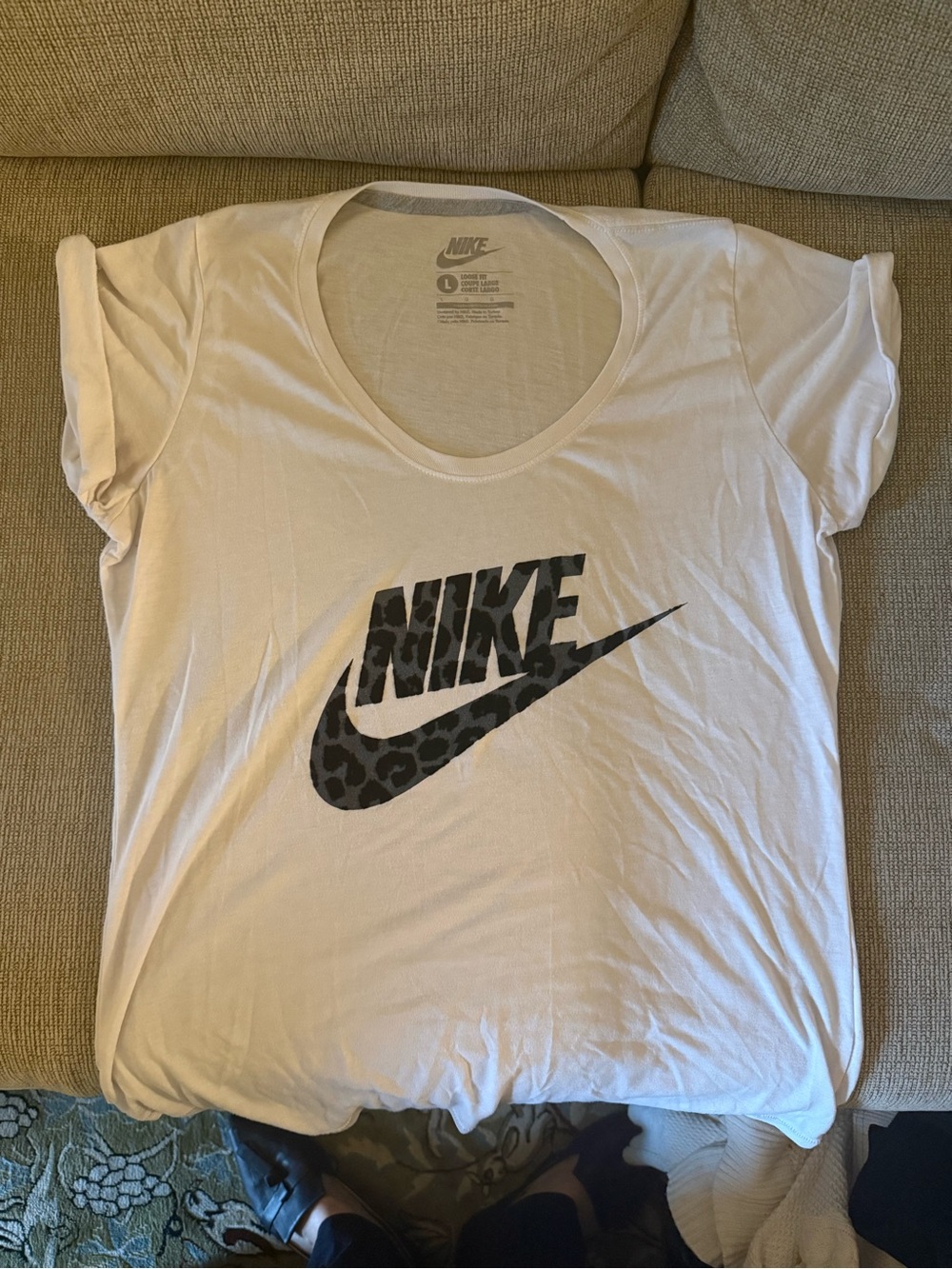 Nike White Short Sleeve Scoop Tee with Black Leopard Logo